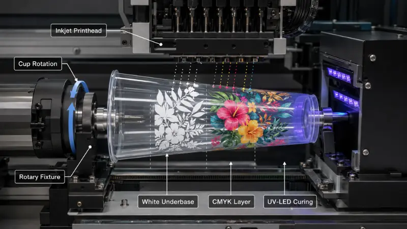 Working principle of a UV plastic cup printer with rotary fixture, white ink and UV-LED curing Working principle of a UV plastic cup printer with rotary fixture, white ink and UV-LED curing